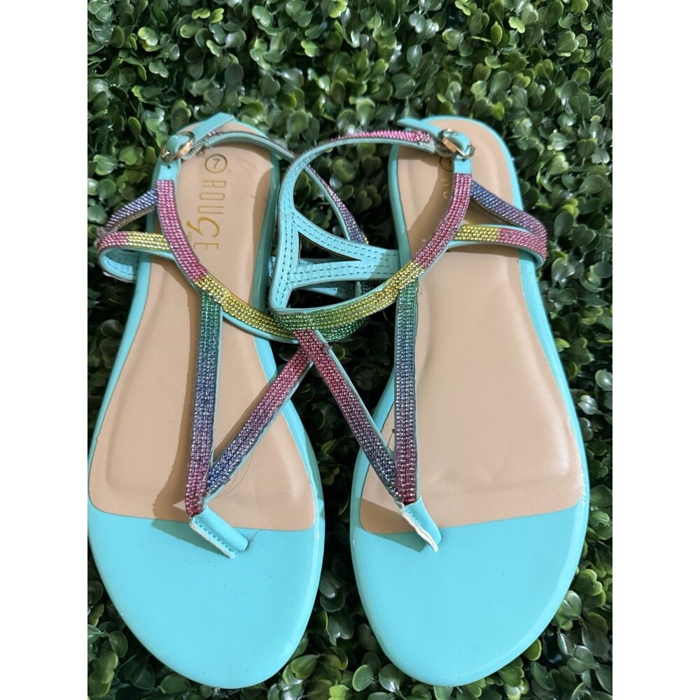 Rouge Helium Women’s Turquoise Rhinestone Thong Sandals Ankle Strap Flat Size 7